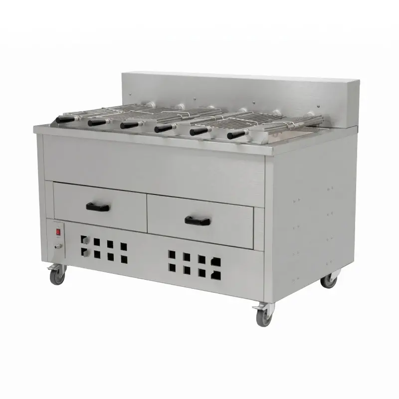 Asador horizontal para pollo a carbón con pinchos y cajón de cenizas cocina industrial