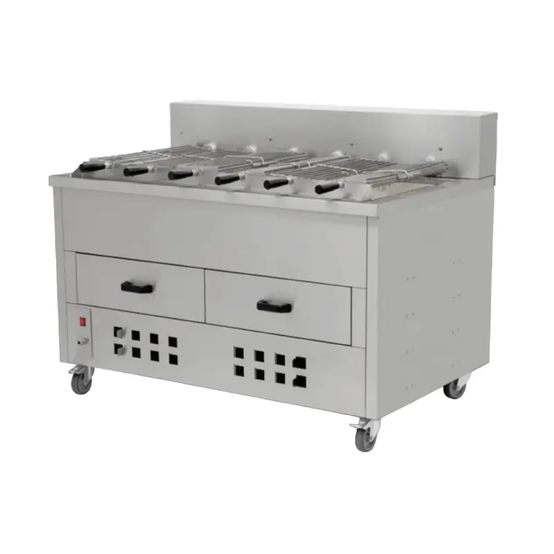 Asador horizontal para pollo a carbón con pinchos y cajón de cenizas cocina industrial